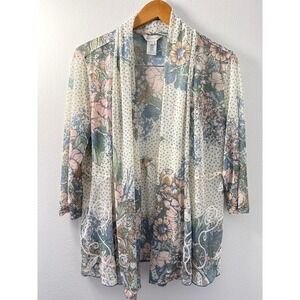 Multiples Petite Large Mesh Sheer Floral‎ Cardigan Embroidered Lightweight